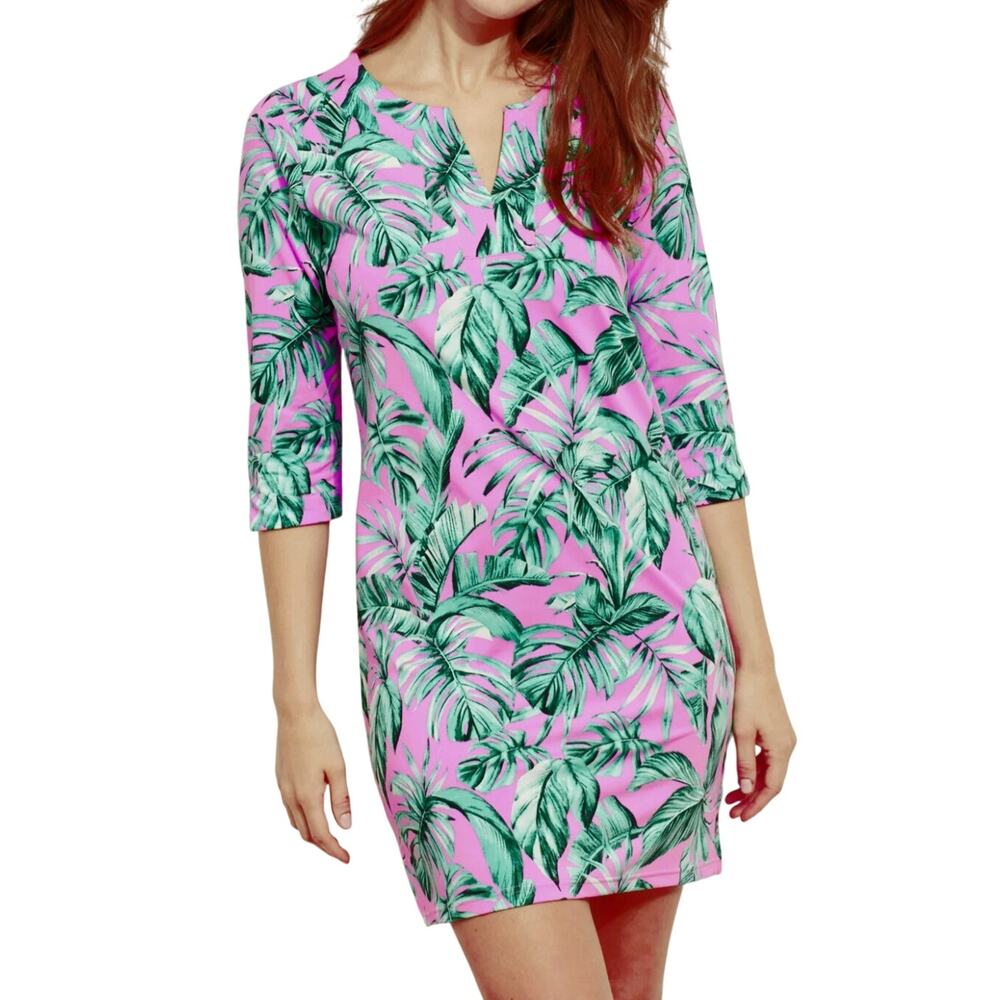 Caribbean Joe Womens UPF 50 V-Neck Tropical Print Signature Dress Size Small